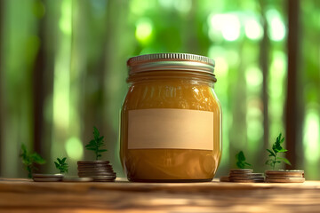Glass Jar with Coins and Growing Plants. Sustainable Savings and Investment in Nature Concept