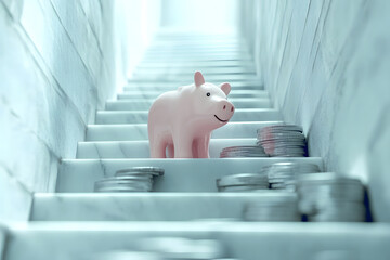Piggy Bank Climbing Marble Stairs with Coins. Concept of Financial Growth, Saving Steps, and Investment Journey
