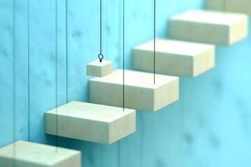 Floating Wooden Steps on Blue Background. Risk, Growth and Uncertainty Concept in Business and Investment