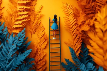 Girl Climbing Ladder Among Colorful Leaves. Journey Toward Growth, Dreams, and Ambition Concept