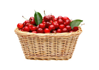 A wicker basket filled with red cherries with leaves isolated on a transparent background png