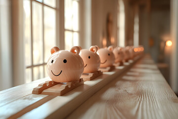 Smiling Piggy Banks Aligned on Wooden Track. Concept of Saving Journey, Financial Planning, and Consistency