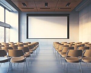 Fototapeta premium A modern conference room featuring rows of wooden chairs facing a large projection screen, illuminated by natural light from floor-to-ceiling windows, ideal for business meetings.