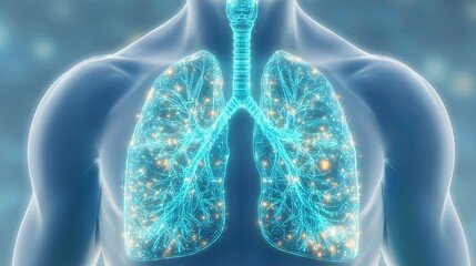 Digital illustration showing the human lungs and respiratory system in a close-up view