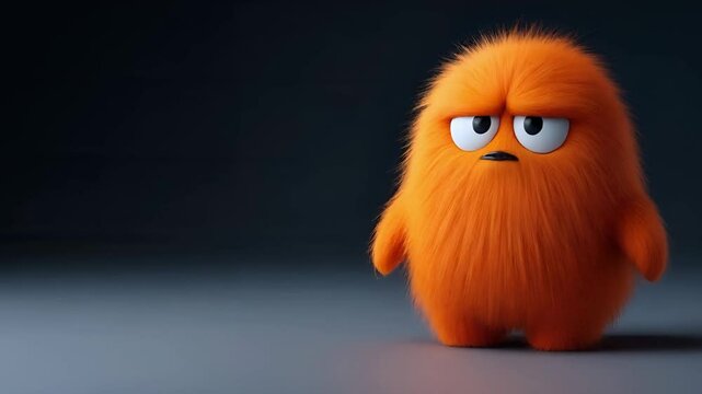 Fluffy orange character with angry expressions, isolated on a dark gray background with subtle lighting, changes its facial expressions from frowning to showing teeth and opening its mouth