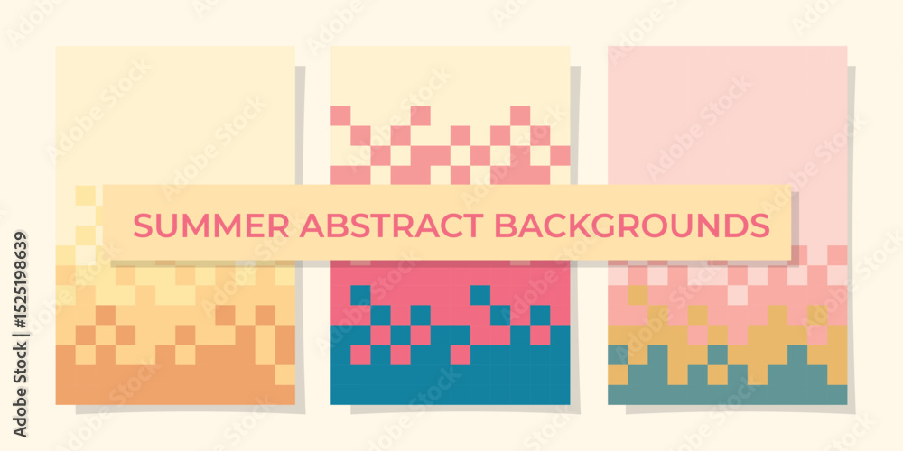 Poster a set of abstract backgrounds in pixel style, abstract geometric pixel backgrounds with summer color
