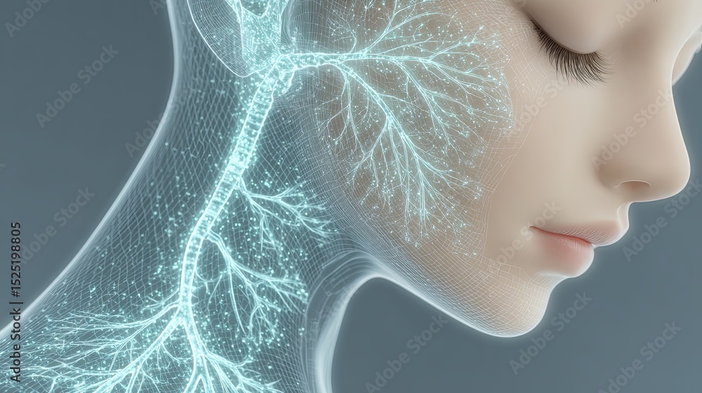 Poster digital rendering of a human face with a network visualization of nerves, science concept