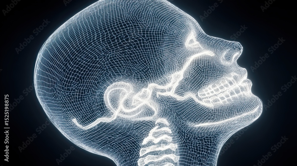 Poster digital rendering of a human head with visible skeletal structure and a wireframe aesthetic