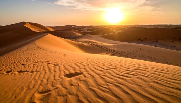 Desert sunset with sand dunes, and footprints. - Powered by Adobe