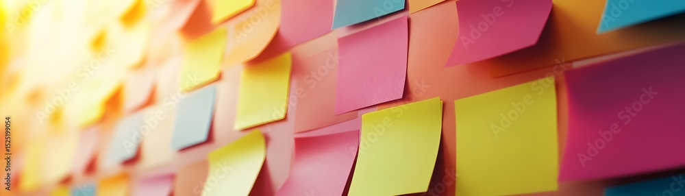 Poster a vibrant collection of colorful sticky notes arranged on a surface, showcasing creativity and organ