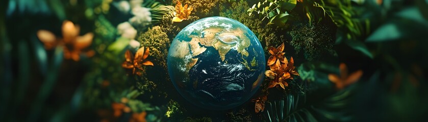 Fototapeta premium A vibrant, lush composition featuring Earth surrounded by diverse flora. This image symbolizes nature's beauty and the importance of environmental conservation.