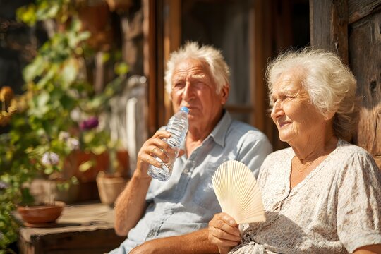 Elderly Caucasian couple sitting outside in summer heat. The man drinks water while the woman fans herself. 