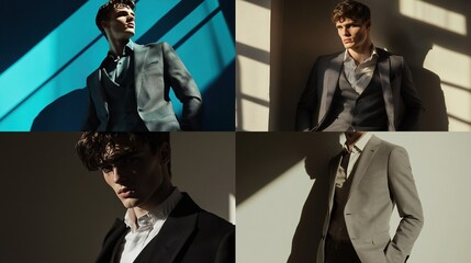 Four-quadrant image showcasing a male model in various suits under diverse lighting, highlighting tailored menswear in shades of gray, beige, and navy, 
