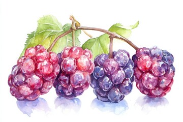 Luscious watercolor mulberries, rich red and purple hues, glistening with dew. delightful summer harvest