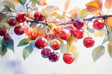 Vibrant watercolor painting of ripe cherries hanging from branch, evoking sense of summer sweetness and juicy freshness