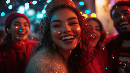laughing young friends of various ethnic backgrounds gathered together in a vibrant New Year&rsquo;s Eve party scene, surrounded by festive lights and confetti explosions