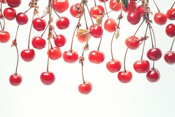 Vibrant watercolor painting of ripe cherries hanging from branch, evoking sense of summer sweetness and juicy freshness