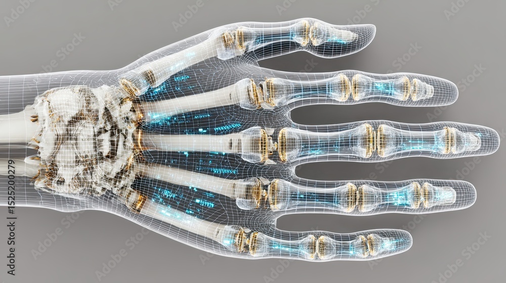 Poster futuristic digital hand with glowing joints and a wireframe mesh overlay on gray background