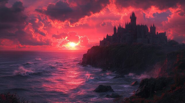 Epic Sunset Over Coastal Fortress with Dramatic Sky and Ocean Waves
