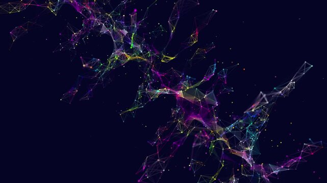 Abstract grid futuristic data tree from multicolor polygons in dark cyberspace. 3d rendering. Big Data., Rotating wireframe shape connecting dots.