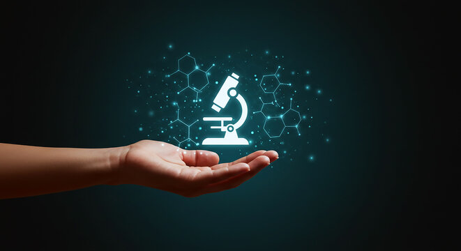 A hand gently cradles a glowing microscope icon, surrounded by a network of molecules. This image symbolizes scientific discovery, research, and technological advancement in healthcare or science. - Powered by Adobe