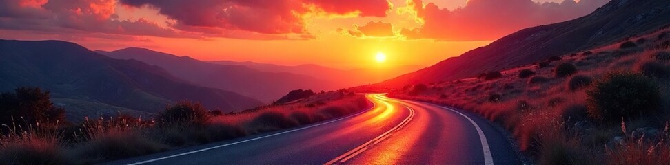 Fototapeta premium A winding road disappearing into a vibrant sunset, symbolizing the unknown possibilities and exciting journey ahead on life's path , adventure, trees