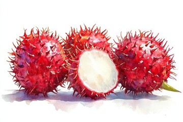 Juicy rambutan watercolor painting vibrant red fruit exotic sweet delicious