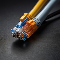 Closeup of two ethernet cables with orange and gray connectors