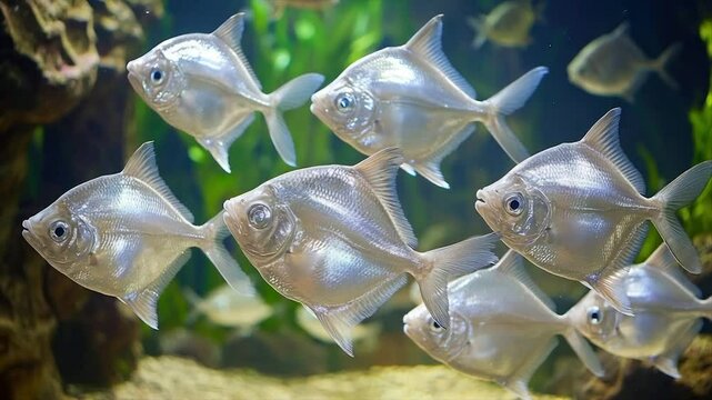 School of silver fish in aquarium