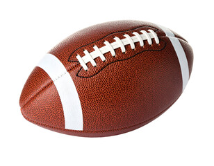 Brown leather football with white stripes on a transparent background