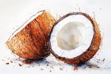Watercolor painting of two halves of coconut, showcasing creamy white flesh and brown shell refreshing tropical image