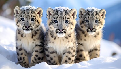 Naklejka premium Snow Leopard Cubs Winter Snow.