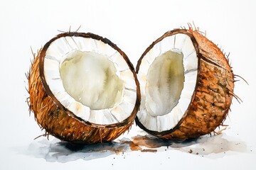 Watercolor painting of two halves of coconut, showcasing creamy white flesh and brown shell refreshing tropical image