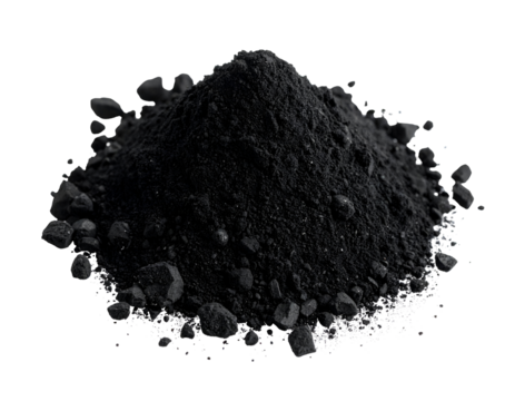 Black powder pile with granules and texture details. Isolated transparent background