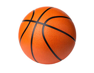Orange basketball with black stripes on textured surface. Isolated transparent background