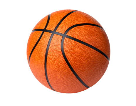 Orange basketball with black stripes on textured surface. Isolated transparent background