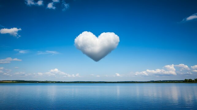 A heart-shaped cloud floating in the clear blue sky above a calm lake