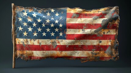 A Weathered American flag vintage patriotic aged faded red white blue stars stripes metal rusty textured distressed history USA flag symbol