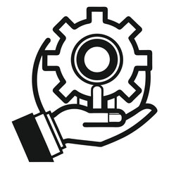 Hand holding gear icon black and white line art isolated on white background