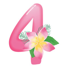 Pink frangipani flower with number 4 illustration