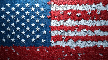 A Patriotic puzzle USA flag unity puzzle pieces 3D American flag red white blue star stripe textured fragmented distressed symbol nation country