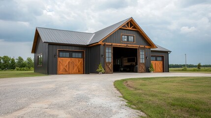 Modern farmhouse with barn doors and wood elements