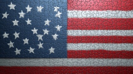 A Patriotic puzzle USA flag unity puzzle pieces 3D American flag red white blue star stripe textured fragmented distressed symbol nation country