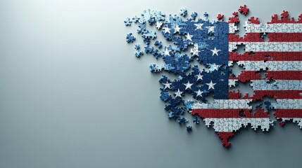 A Patriotic puzzle USA flag unity puzzle pieces 3D American flag red white blue star stripe textured fragmented distressed symbol nation country