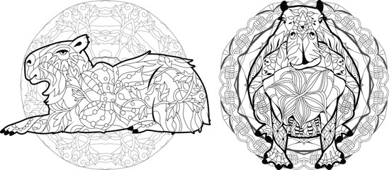 Zentangle stylized Capybaras for coloring book. Hand drawn decorative vector illustration