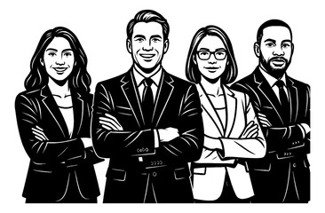 Obraz premium Diverse Business Team Illustration with Confident Smiles and Arms Crossed in Black and White