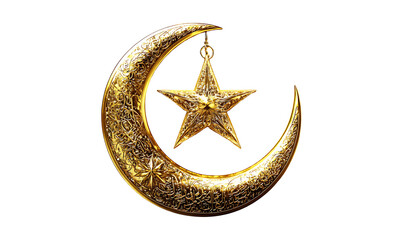 Golden crescent moon design glowing ramadan kareemislamic isolated on white or transparent white background in PNG format. 