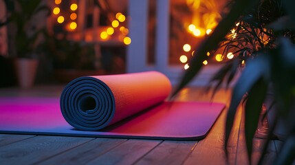 Relaxing evening yoga atmosphere, a mat prepared for gentle stretching