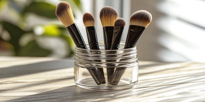 Multiple brushes in mason jar on desk