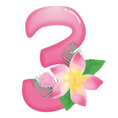 Pink frangipani flower with number 3 illustration